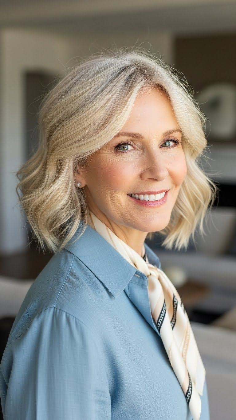 Woman over 50 with chic wavy lob hairstyle in contemporary home environment with bright daylight illumination.