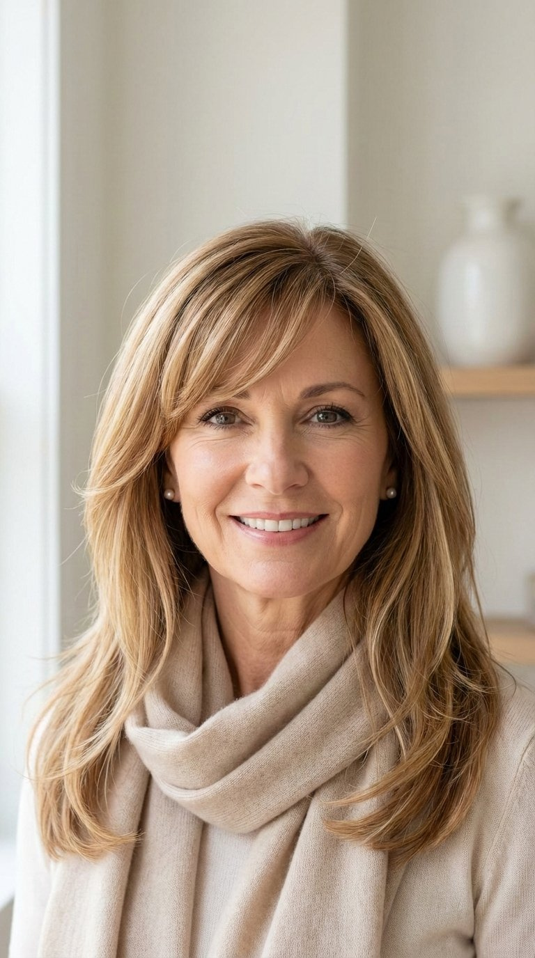 Woman over 50 with elegantly styled side-swept bangs in bright minimalist room interior with natural window light.