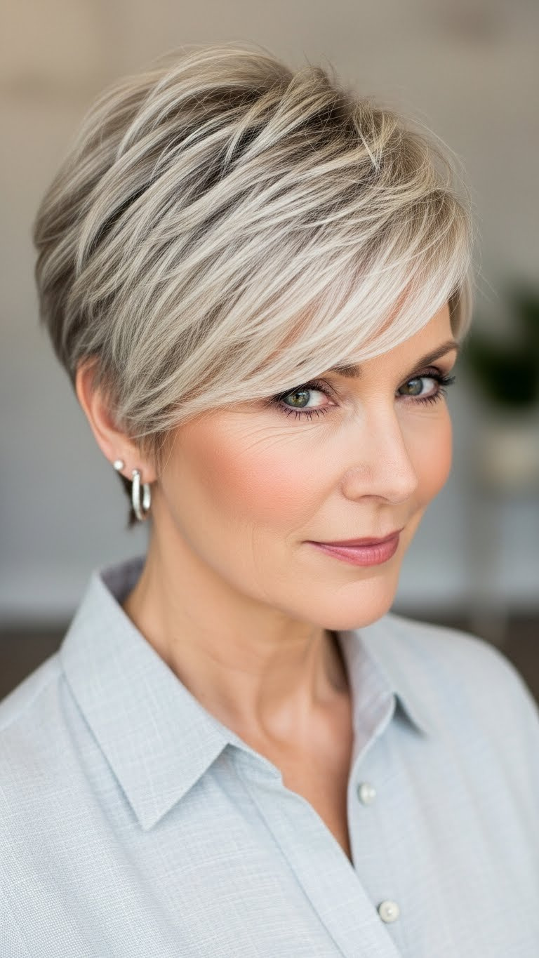 Woman over 50 with modern pixie cut featuring textured layers and soft fringe in minimalist salon setting with natural light.