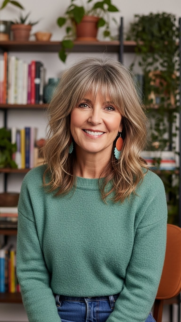 Woman over 50 with modern shag haircut featuring soft fringe in cozy artistic home studio environment.