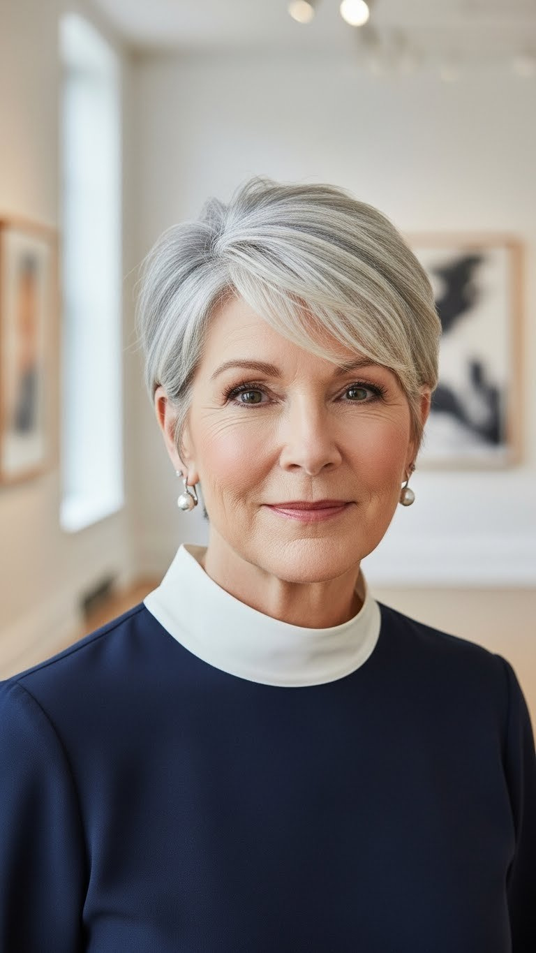 Woman over 50 with stylish pixie bob haircut in contemporary art gallery setting with soft natural lighting.