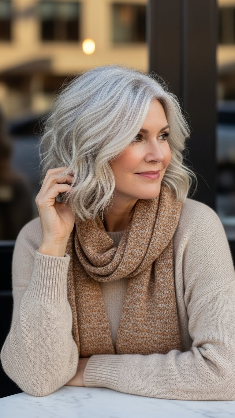 Woman over 50 with textured lob haircut featuring subtle waves in modern urban cafe setting during golden hour.