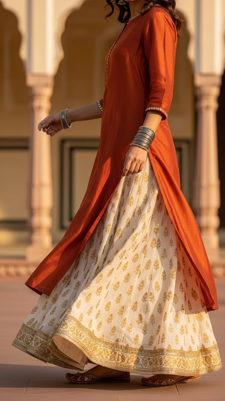 Woman twirling in rust-orange silk kurti with off-white gold print skirt in outdoor garden