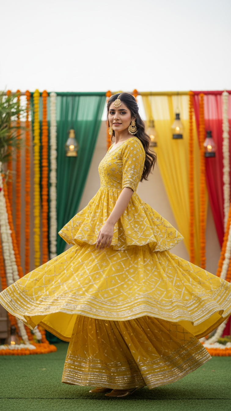 Woman twirling in vibrant yellow georgette sharara with gold gota patti work at festive Diwali celebration