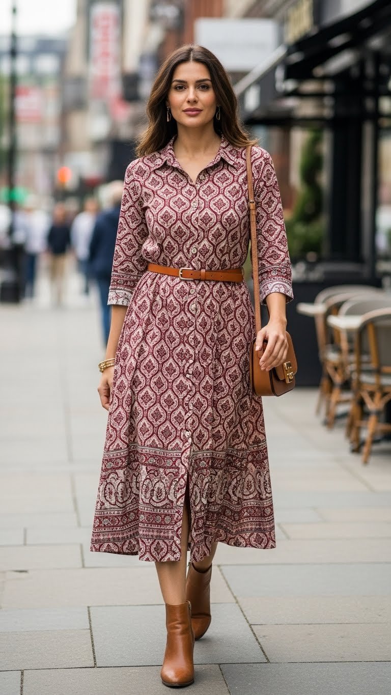 Woman walking in printed A-line kurti dress with brown leather belt on city sidewalk