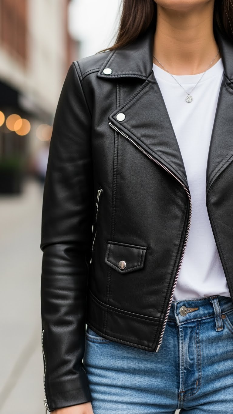 Woman wearing a classic black leather biker jacket over a white t-shirt with silver hardware, posed against a blurred urban street backdrop