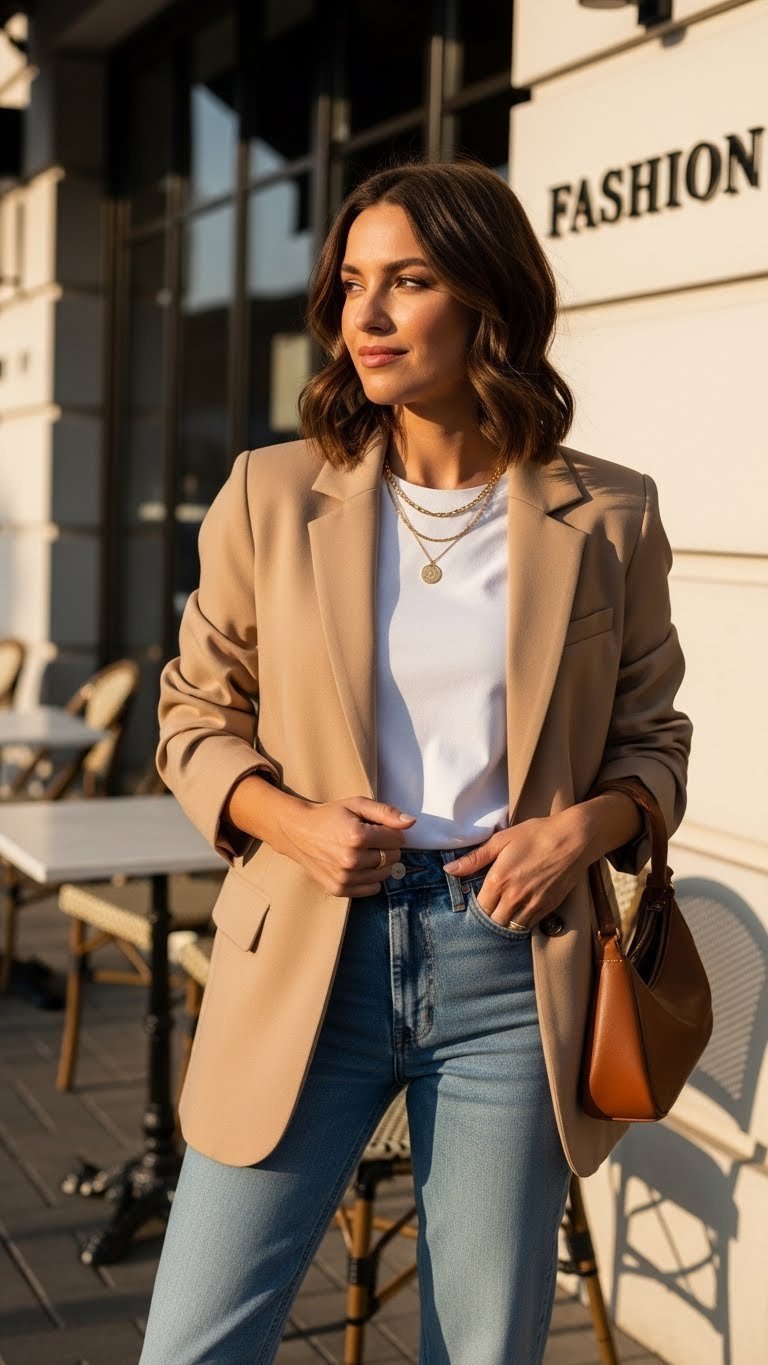 Woman wearing a tailored beige blazer over a white tee and jeans, posed near a modern cafe facade during golden hour