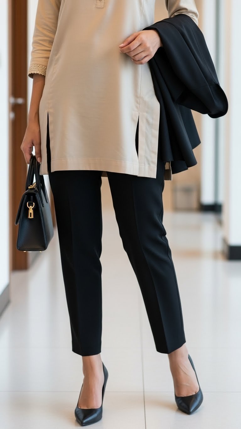 Woman wearing beige silk-blend side-slit kurti with black cigarette trousers in office corridor