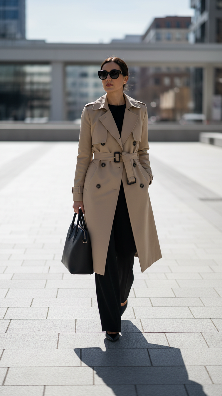 Woman wearing beige trench coat striding across city plaza with black sunglasses and work tote.