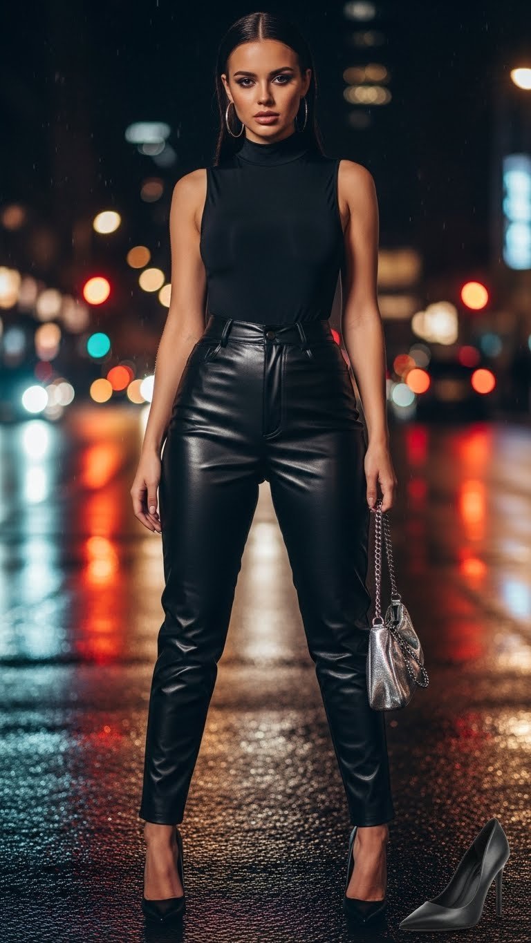Woman wearing black faux leather pants and high-neck bodysuit on rain-slicked city street at night with stiletto heels
