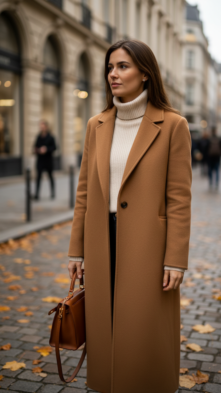 Woman wearing camel wool coat and cream turtleneck walking on autumn city street with leather handbag.