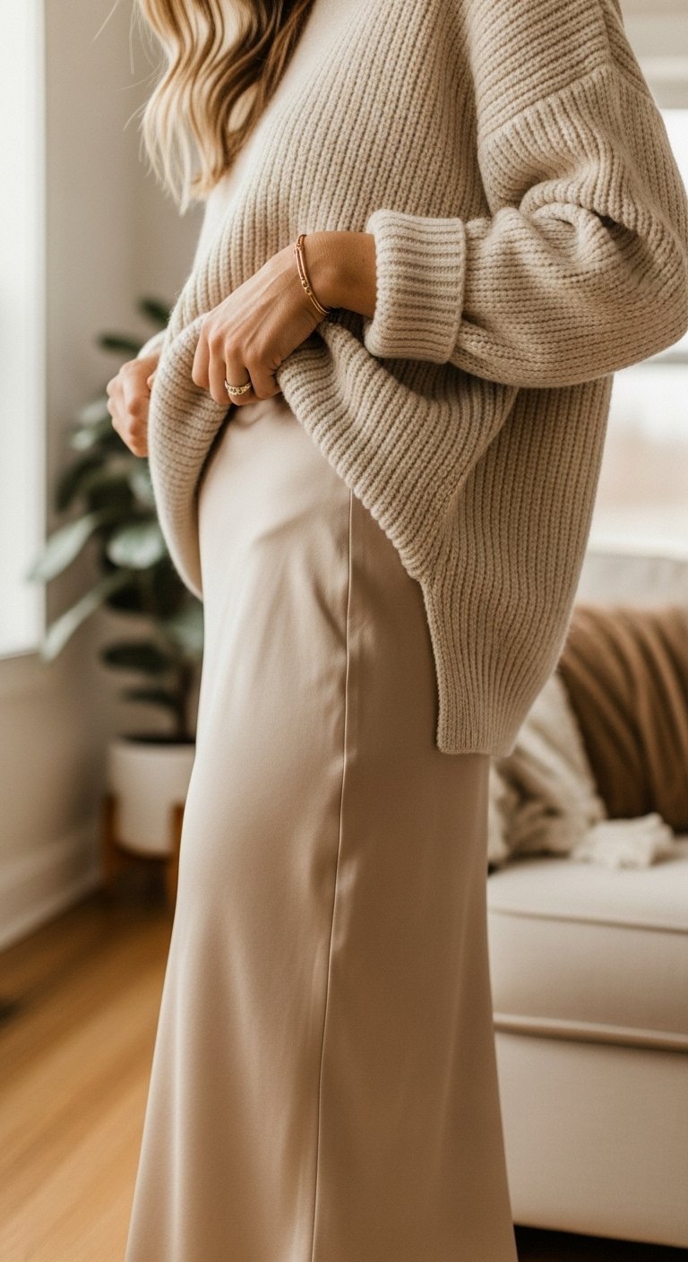 Woman wearing champagne silk slip skirt with oversized cream wool sweater partially tucked in, showcasing textural contrast in soft natural light