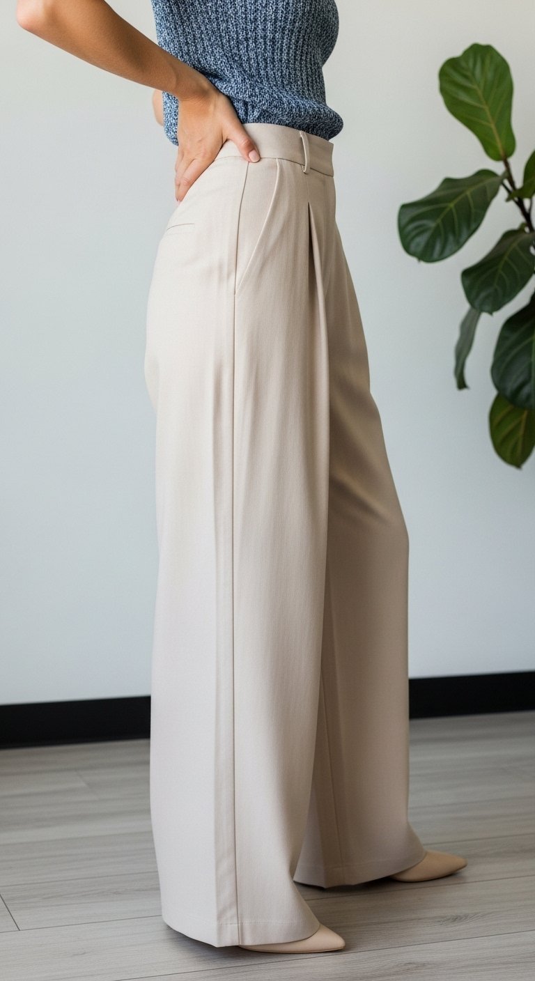 Woman wearing chic wide-leg beige trousers in minimalist interior with fitted knit top and pointed-toe heels