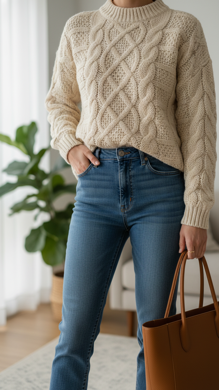 Woman wearing chunky cream cable-knit sweater with medium-wash straight-leg jeans in cozy minimalist living room setting