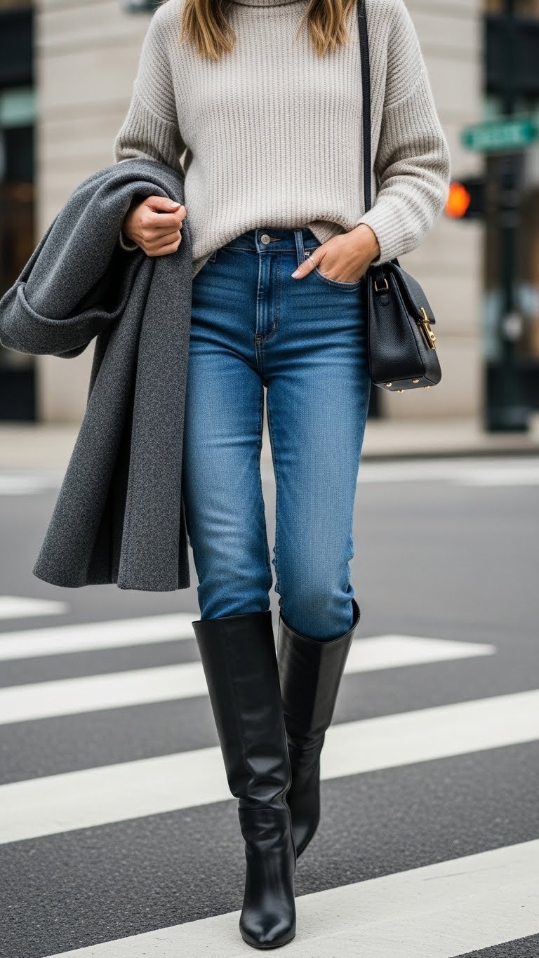 Woman wearing classic blue jorts with knit turtleneck and black leather boots walking across stylish city street