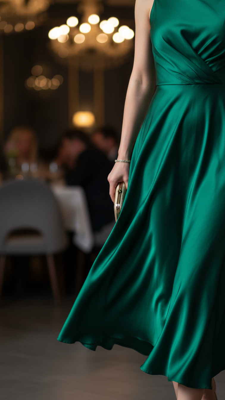 Woman wearing emerald green silk midi dress with gold accessories in elegant restaurant setting with soft bokeh background