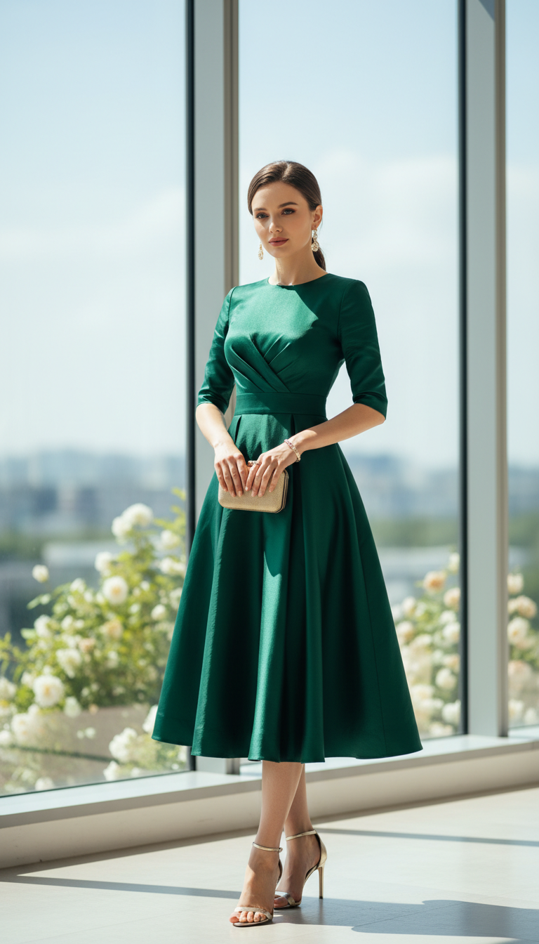 Woman wearing emerald green structured midi dress holding clutch in minimalist room with garden view and delicate heels.