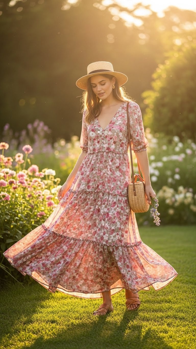 Woman wearing flowy floral maxi dress in sun-drenched garden during golden hour with backlit glow