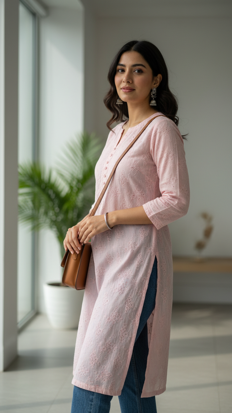 Woman wearing light pink chikankari kurta with blue denim jeans in soft natural lighting with silver jewelry accessories