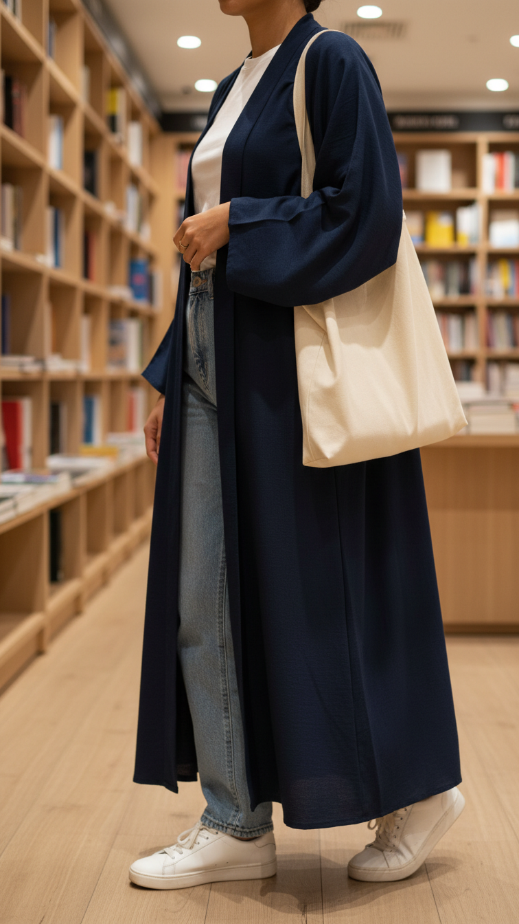 Woman wearing navy abaya over white t-shirt and jeans browsing minimalist bookstore with sneakers.