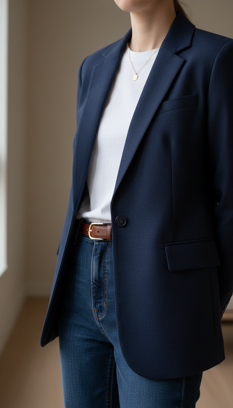 Woman wearing navy blazer over white crewneck tee with dark-wash jeans against minimalist interior backdrop