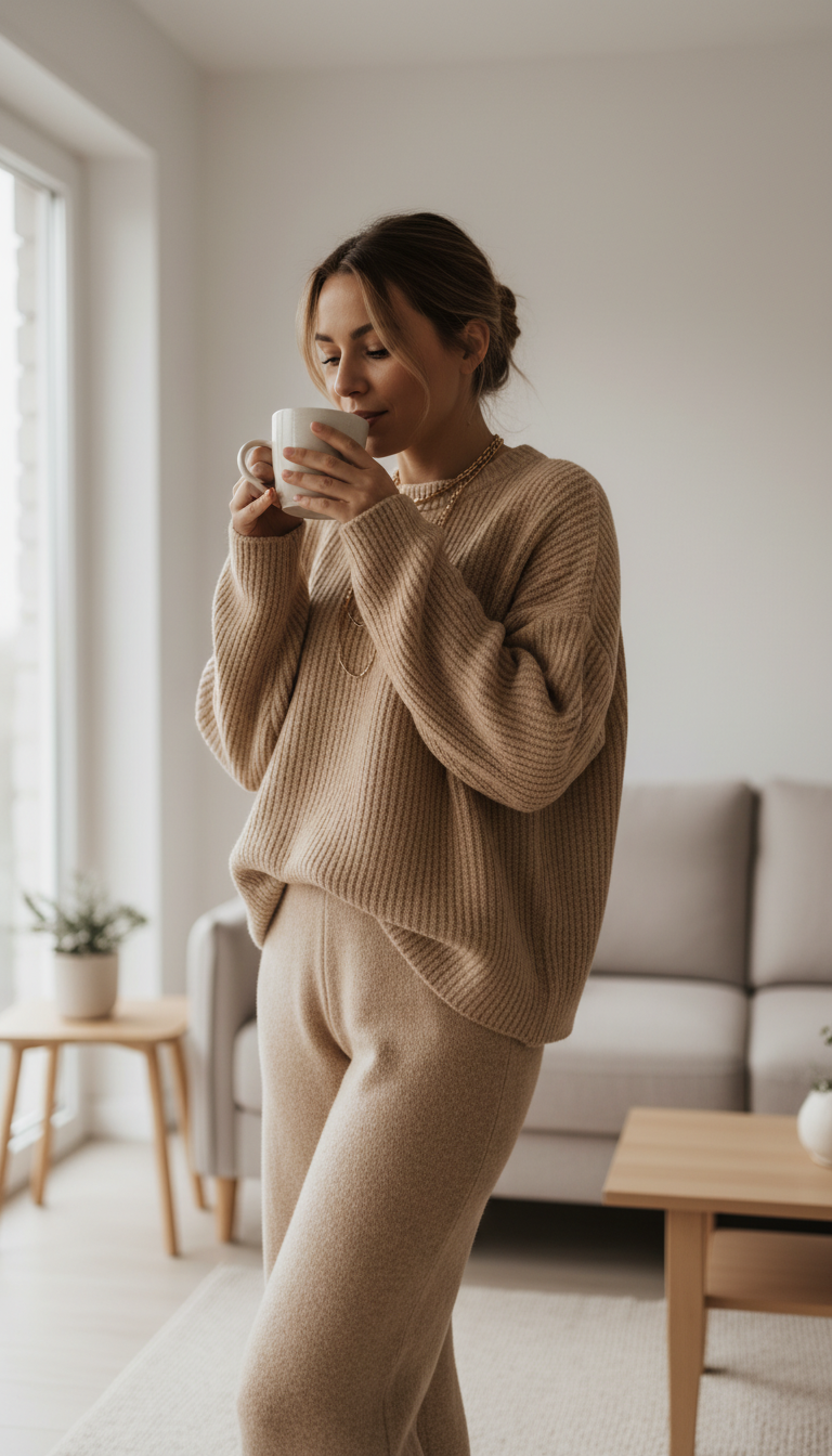 Woman wearing oatmeal knitwear set relaxing on sofa in cozy minimalist living room with natural light