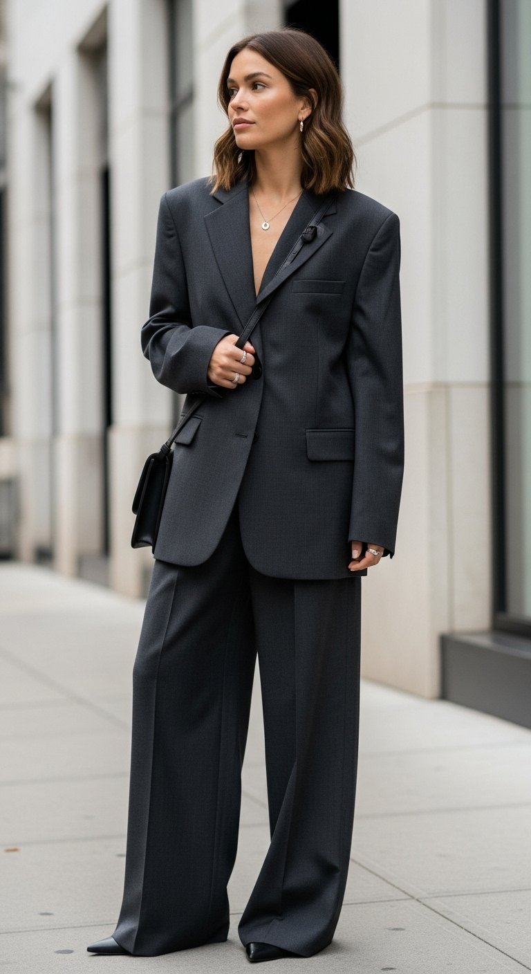 Woman wearing oversized charcoal gray blazer and trousers walking stylishly on city sidewalk with soft bokeh background