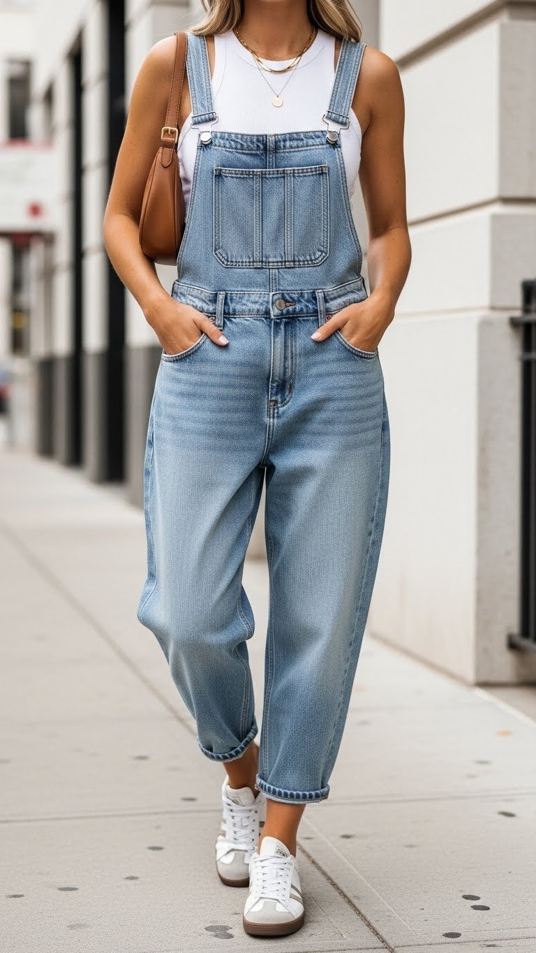 Woman wearing oversized light-wash baggy jorts with white ribbed tank top on urban sidewalk with leather shoulder bag and white sneakers