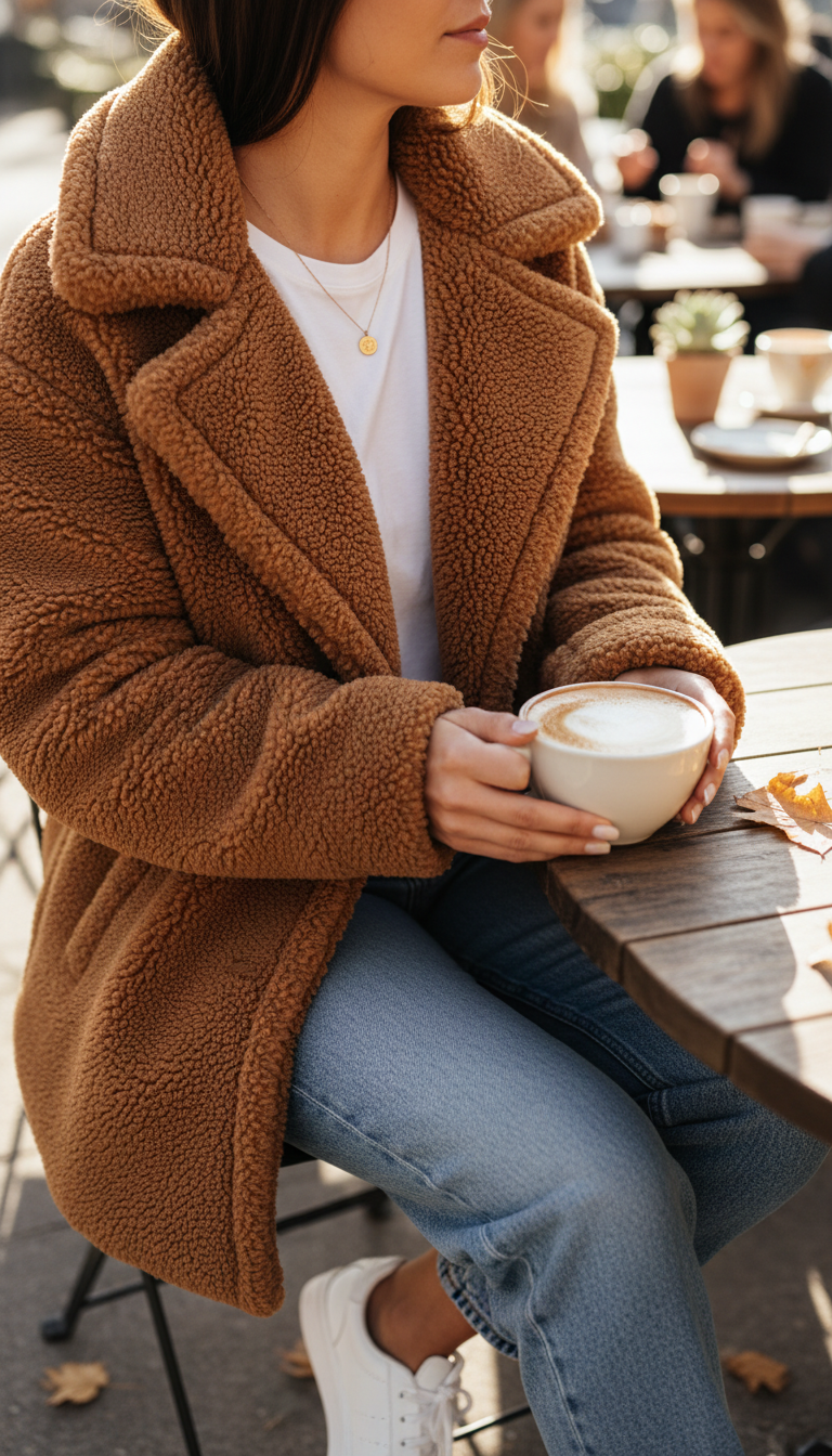 Woman wearing oversized teddy coat with white t-shirt at outdoor coffee shop with wooden tables