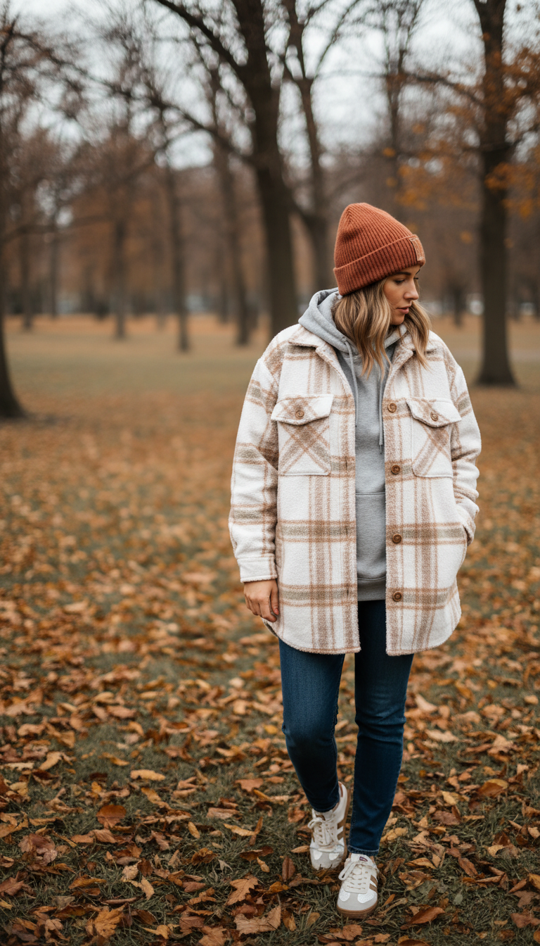 Woman wearing plaid shacket layered over grey hoodie in park setting with autumn leaves and beanie