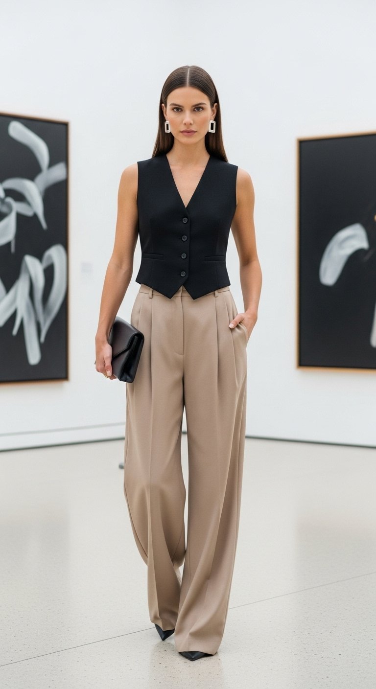 Woman wearing tailored black waistcoat and beige wide-leg pants standing in minimalist art gallery