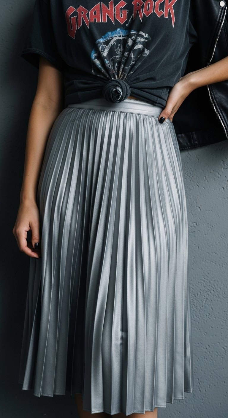 Woman wearing vintage band t-shirt tucked into metallic silver pleated midi skirt, contrasting grunge and polished styles