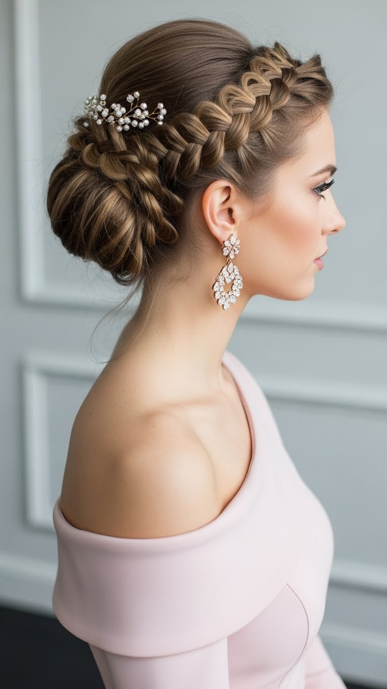 Woman with asymmetrical braided updo and one-shoulder dress in minimalist room with dramatic side lighting