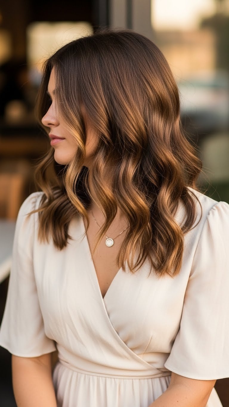 Woman with cascading soft waves and V-neck dress in golden hour outdoor setting with greenery background