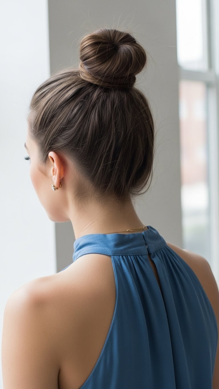 Woman with chic top knot bun and halter neck dress in minimalist room with clean light-colored wall