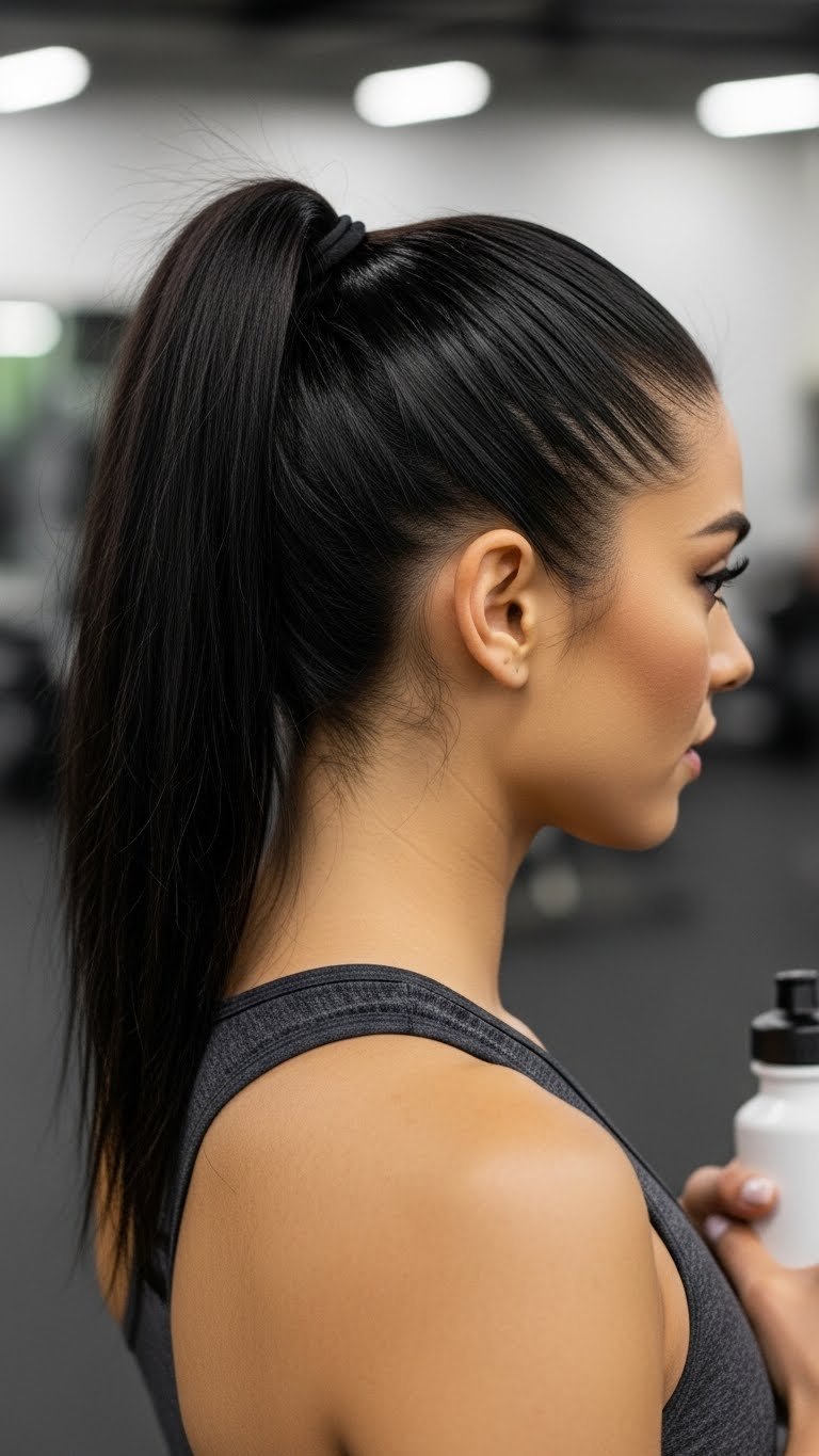 Woman with dark hair in sweatproof slick back ponytail for workout against gym background