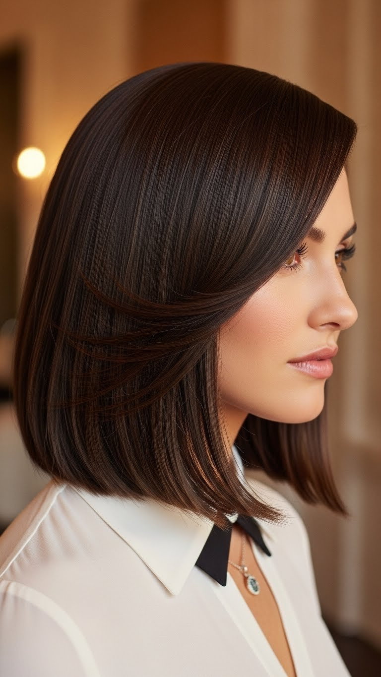 Woman with diamond face shape showcasing shoulder-length sleek haircut with deep side part in luxurious setting.