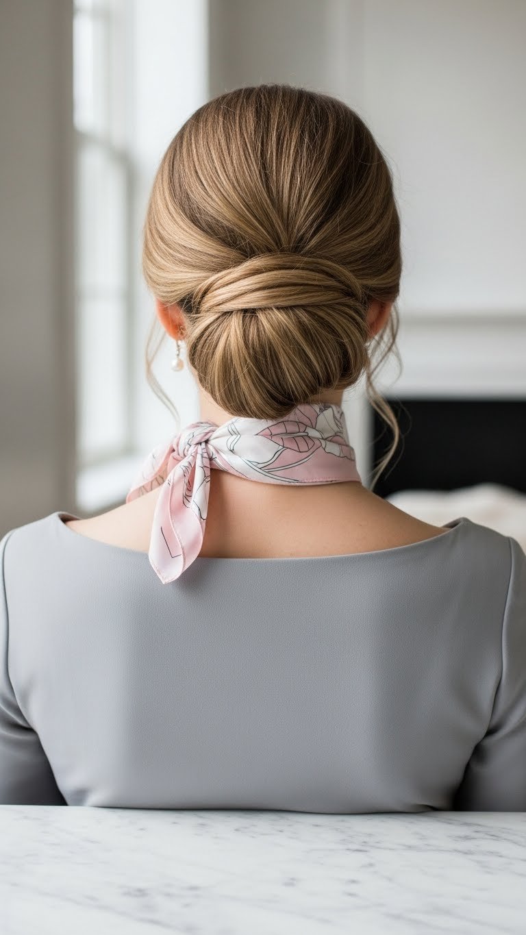 Woman with elegant low chignon and boat neck dress against minimalist luxury interior background