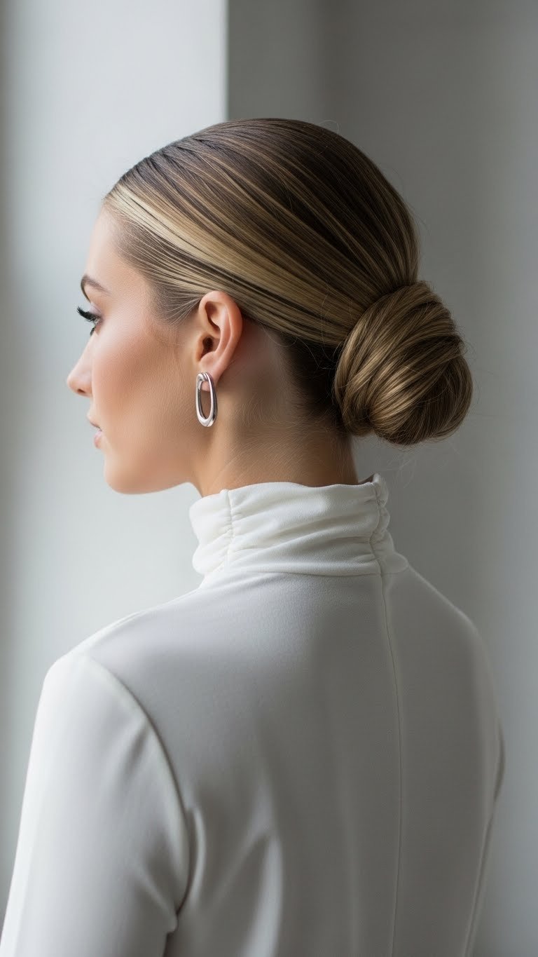 Woman with elegant polished low bun hairstyle complementing sophisticated high neck top in studio setting with soft natural light