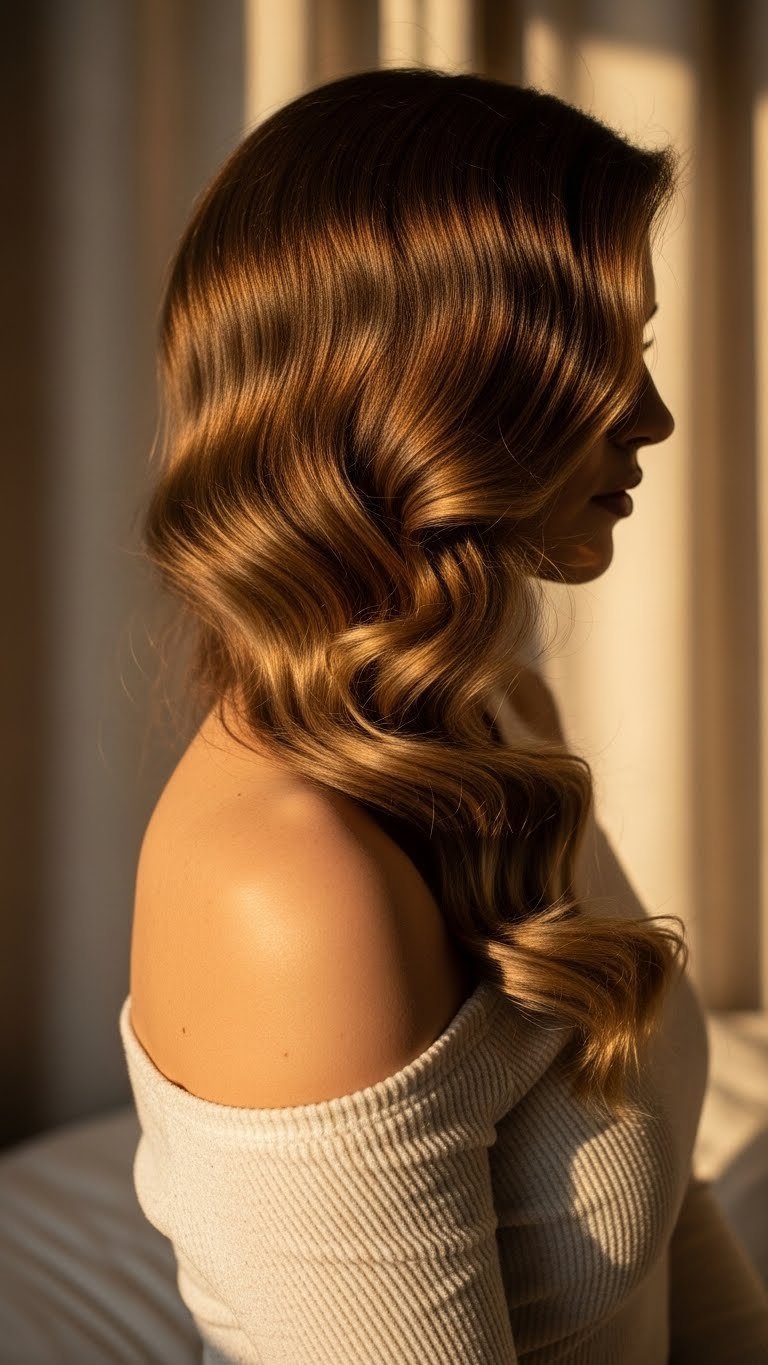Woman with glamorous side-swept waves flowing over one shoulder complementing elegant off-shoulder dress in chic indoor setting