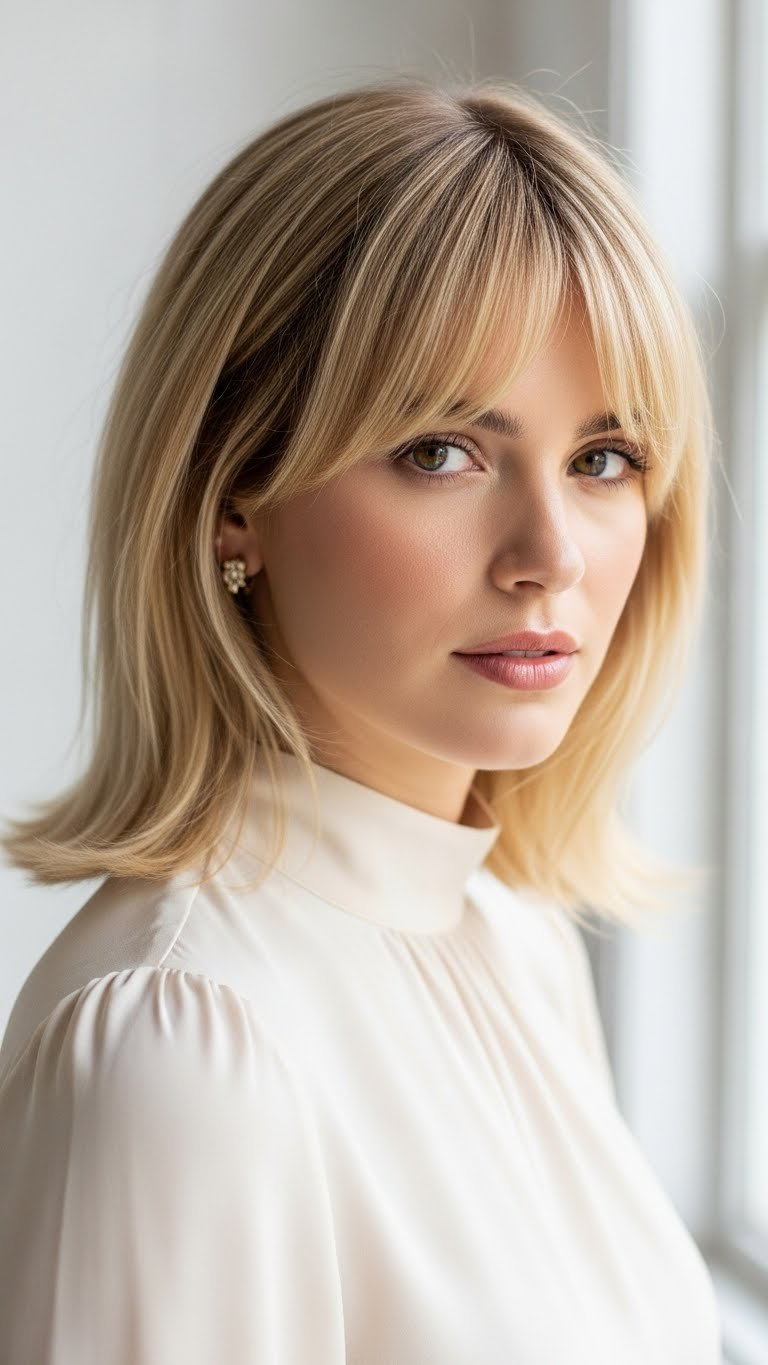 Woman with heart-shaped face featuring side-swept bangs haircut in bright minimalist studio portrait with soft focus.