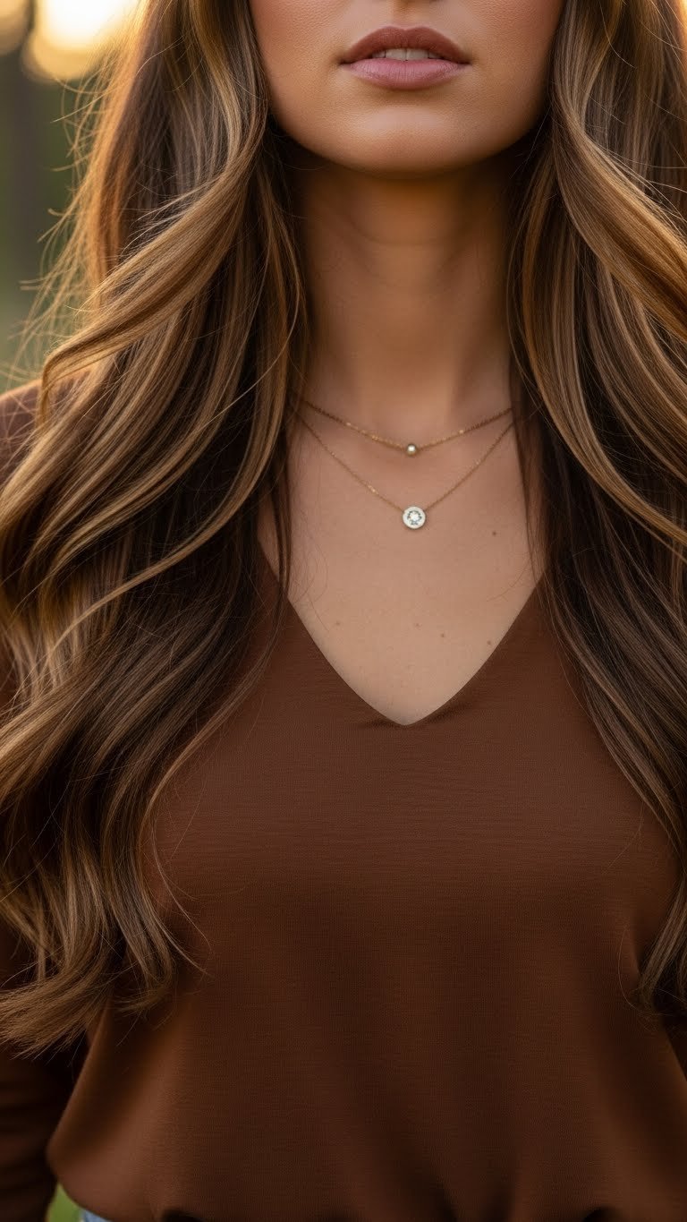 Woman with long cascading waves flowing over shoulders complementing classic V-neck top in golden hour outdoor setting