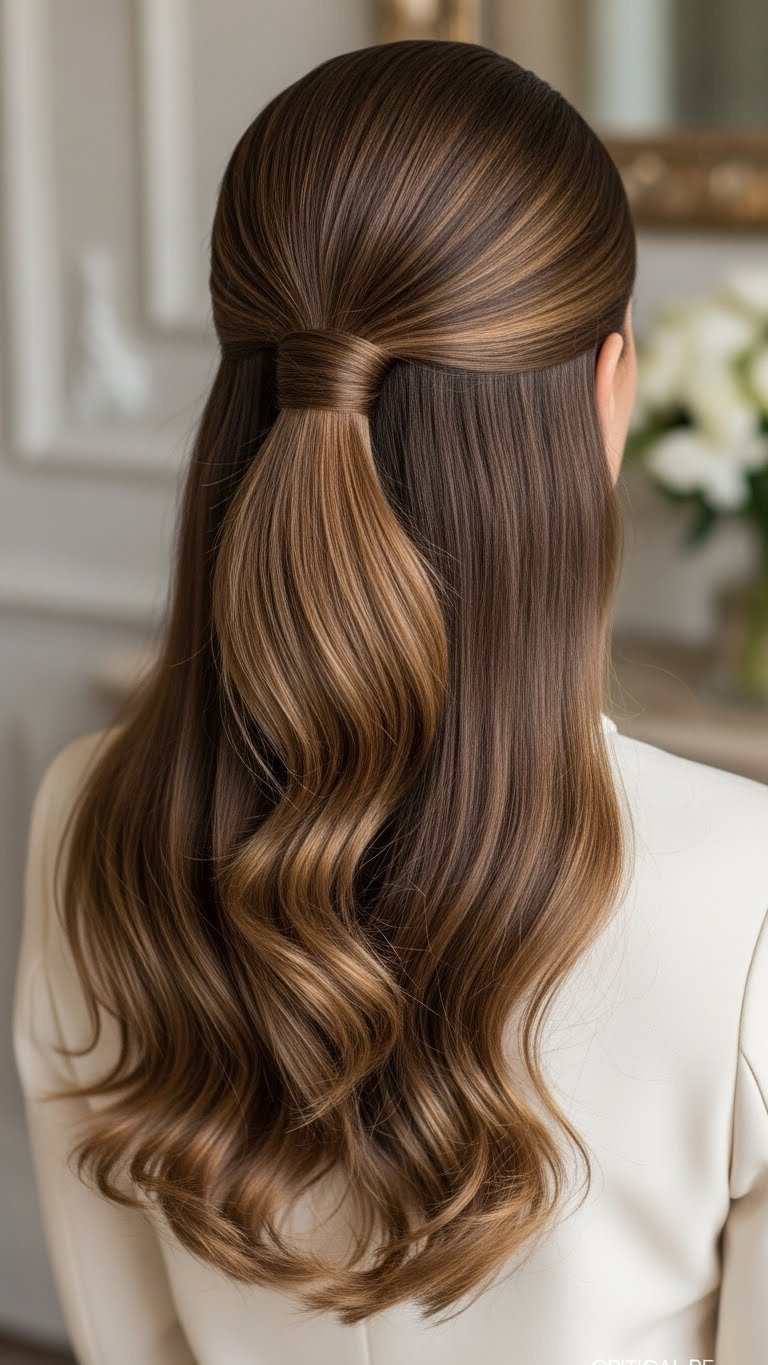 Woman with long wavy brown hair in refined half-up slick back hairstyle from back-side angle