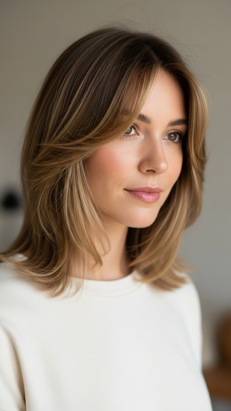 Woman with medium-length face-framing layers swept around cheekbones in natural window light against soft bokeh background