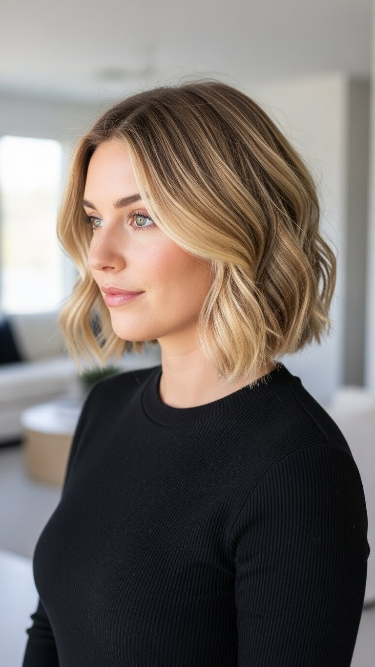 Woman with oblong face shape modeling voluminous bob haircut with gentle waves in contemporary interior setting.