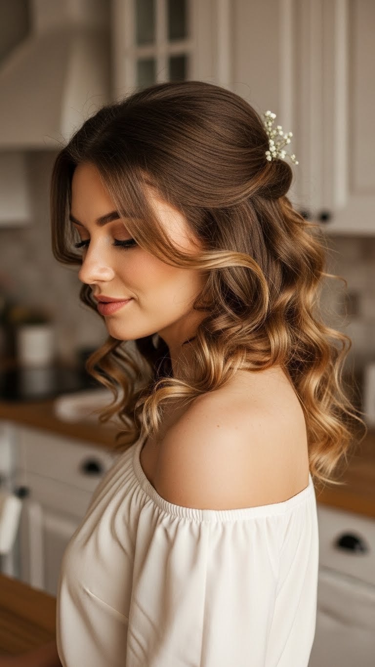 Woman with romantic side-swept curls and off-shoulder top in softly blurred kitchen interior setting