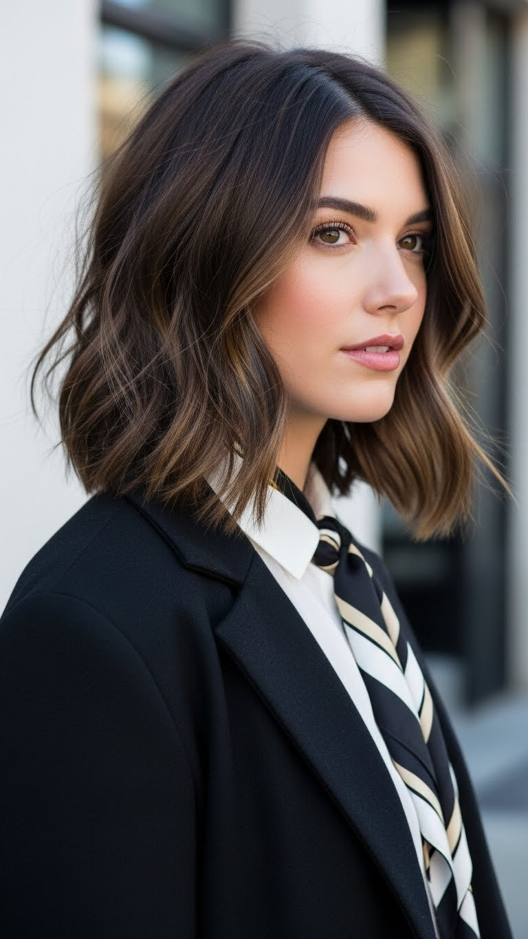 Woman with round face shape modeling textured lob haircut in modern urban setting with soft natural lighting.