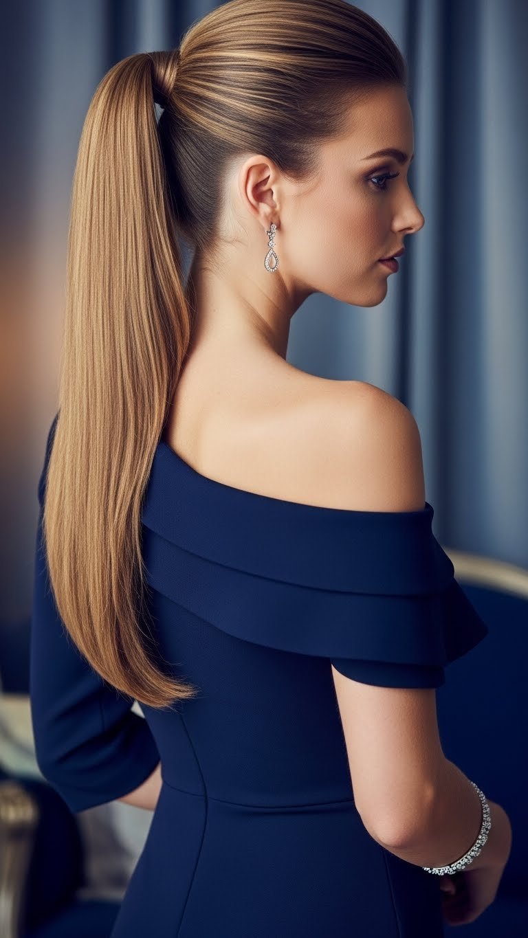 Woman with sleek asymmetrical side ponytail flowing over bare shoulder complementing sophisticated one-shoulder dress
