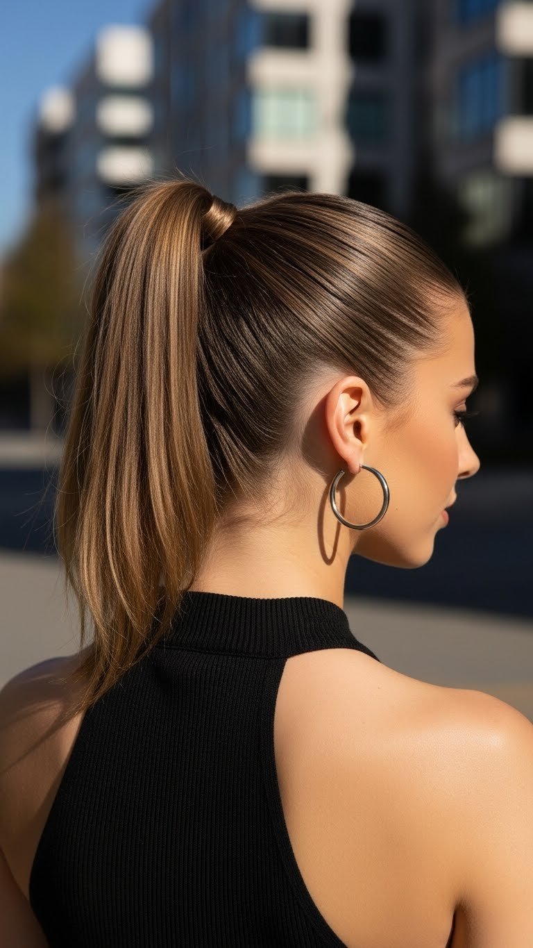 Woman with sleek high ponytail complementing chic halter neck dress in urban outdoor setting with dramatic sunlight