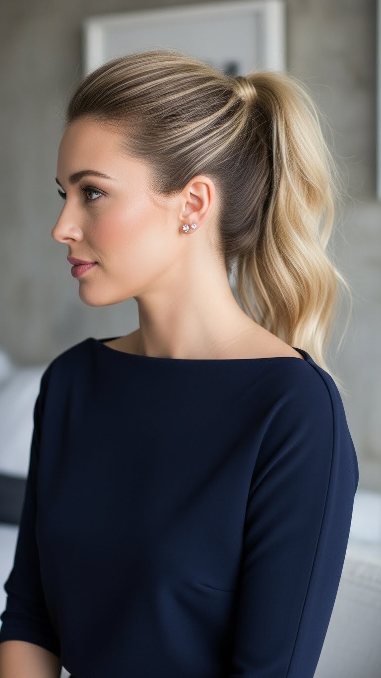 Woman with sleek high ponytail hairstyle complementing sophisticated boat neck top in bright modern indoor setting